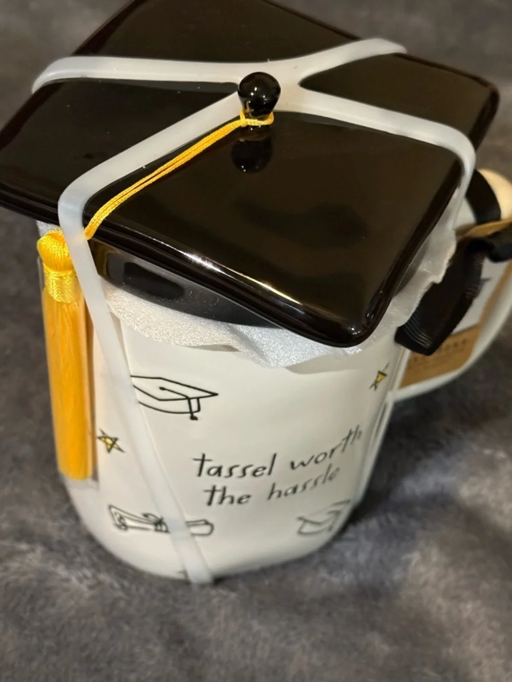 Rae Dunn white ceramic graduation mug with black cap lid and yellow tassel - Picture 5 of 7